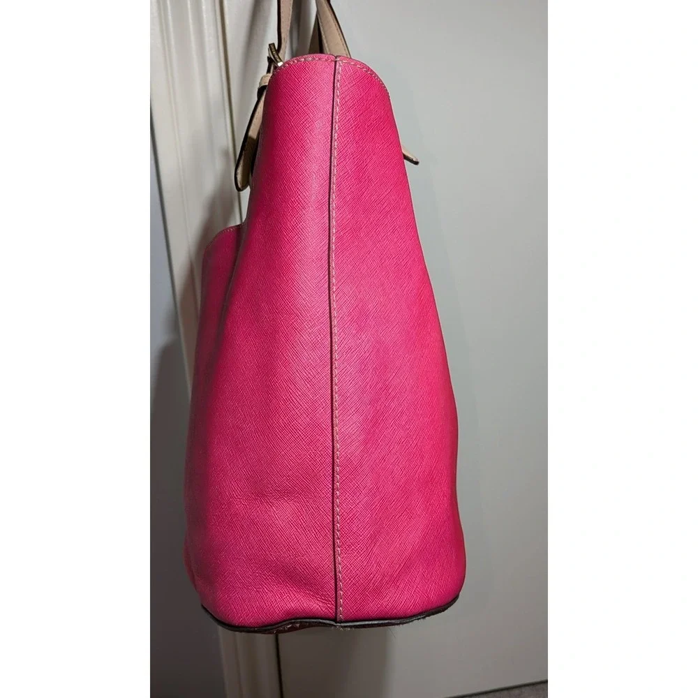 Michael Kors Tote Bag Hot Pink Tan Coated Canvas Leather Handles Jet Set Purse